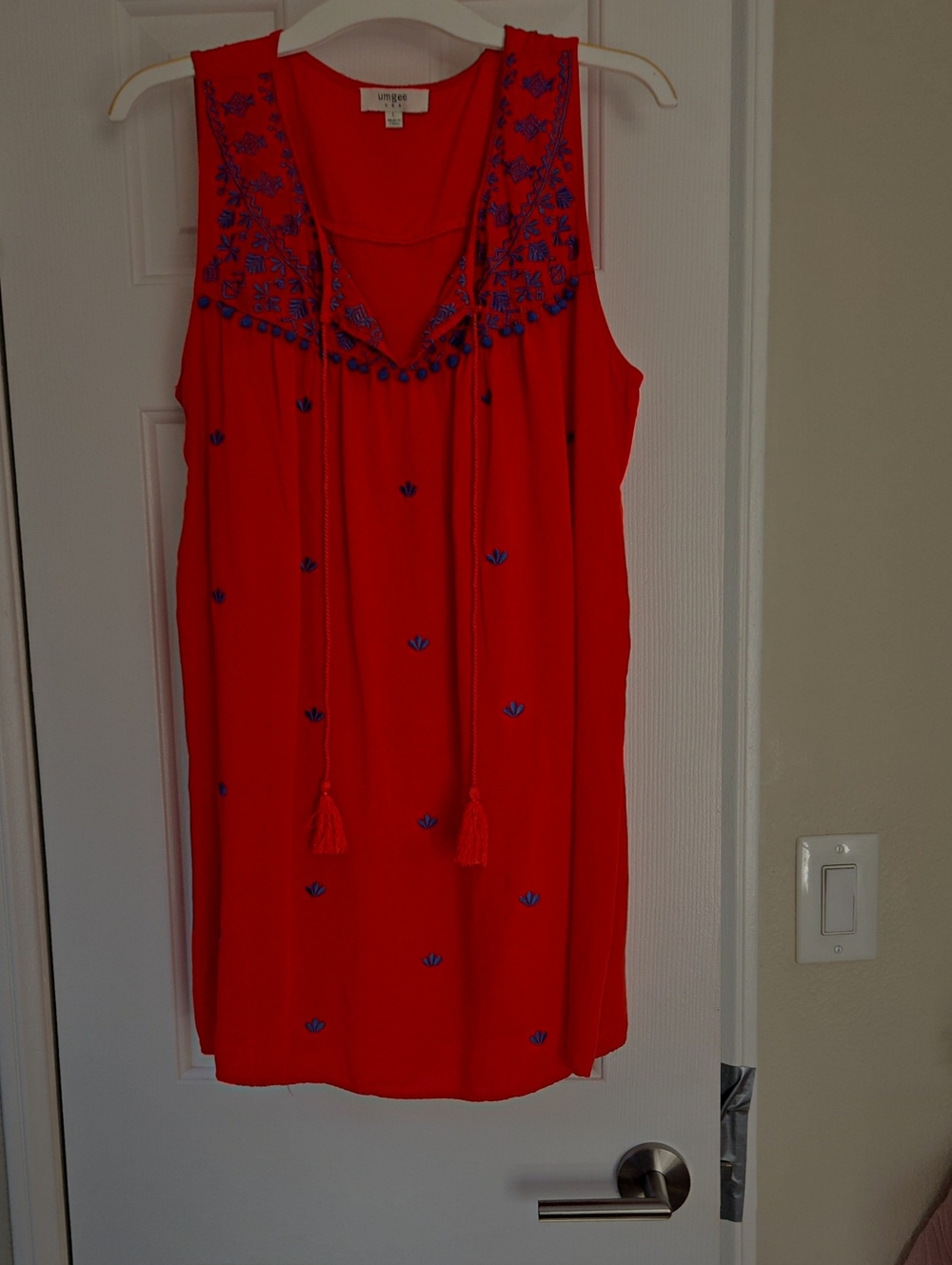 Umgee Red Sleeveless Tunic with Blue Embroidery- Lg